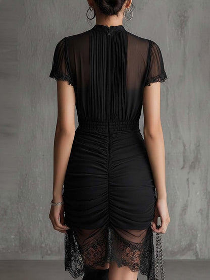 Black Chiffon Pleated Mini Dress with Lace-Trimmed Waist