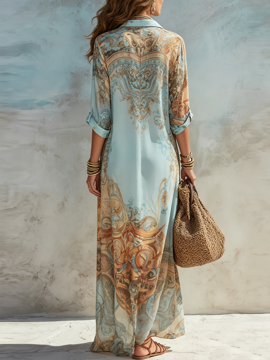 Vacation Blue Floral Print Maxi Shirt Dress
