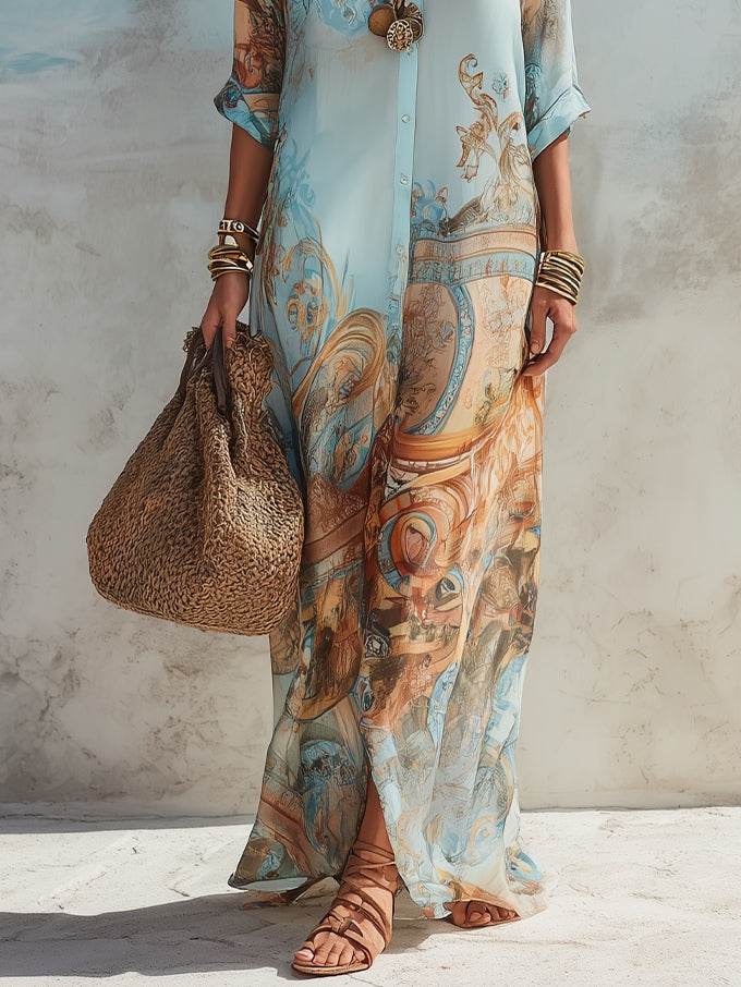 Vacation Blue Floral Print Maxi Shirt Dress