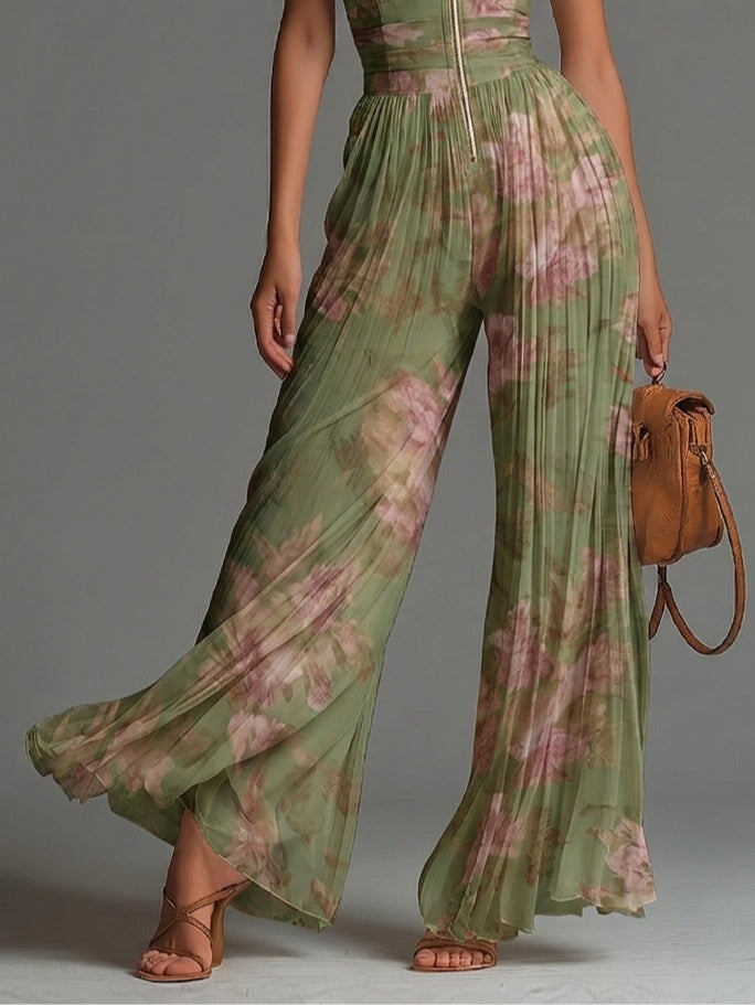 Elegant Green Floral V-Neck Sleeveless Zip-Up Pleated Wide-Leg Chiffon Jumpsuit