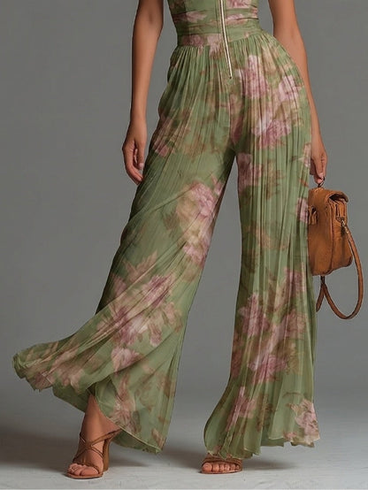 Elegant Green Floral V-Neck Sleeveless Zip-Up Pleated Wide-Leg Chiffon Jumpsuit