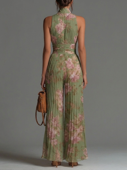 Elegant Green Floral V-Neck Sleeveless Zip-Up Pleated Wide-Leg Chiffon Jumpsuit