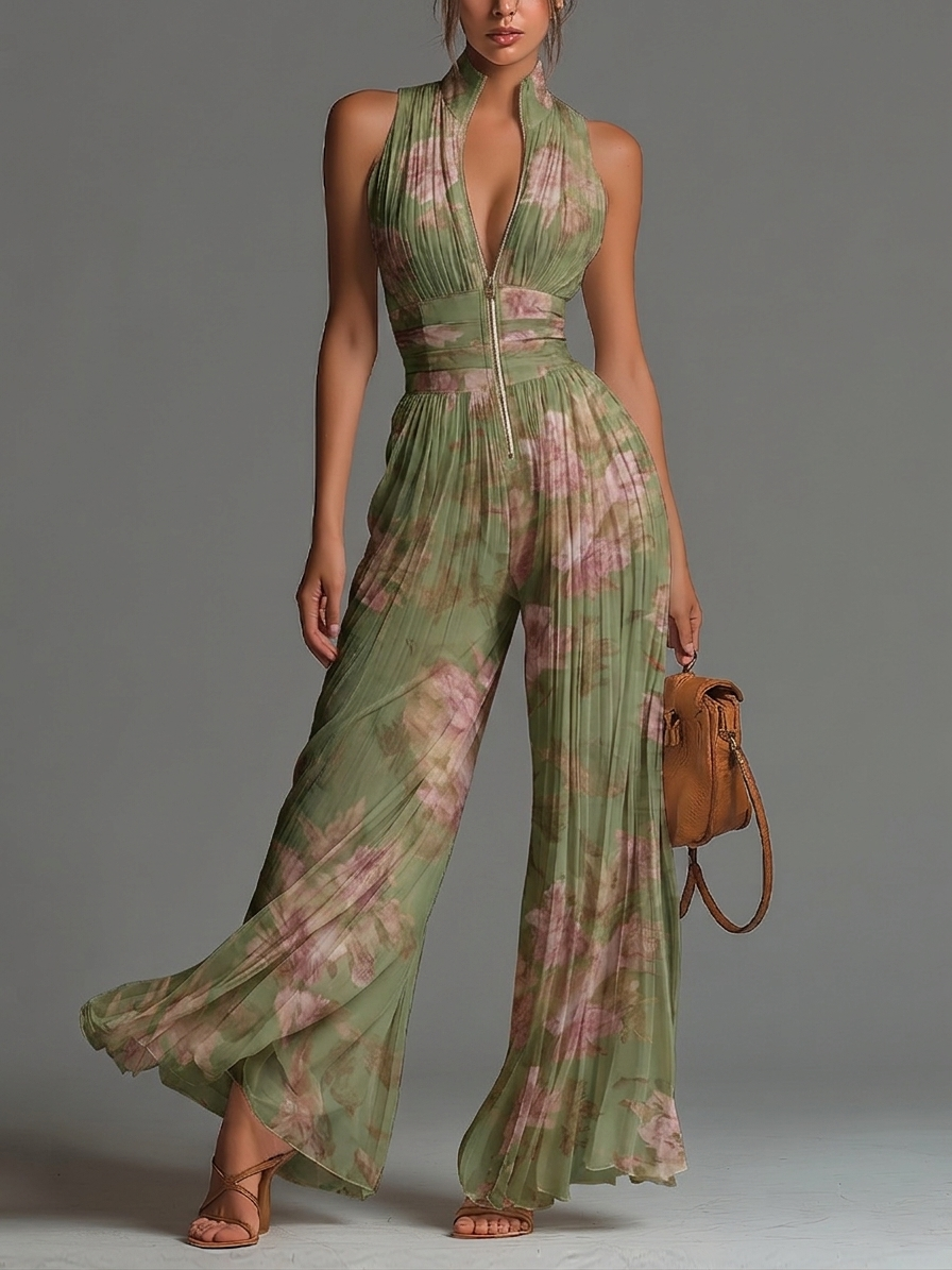 Elegant Green Floral V-Neck Sleeveless Zip-Up Pleated Wide-Leg Chiffon Jumpsuit