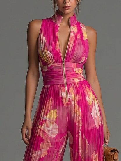Zsófia Jumpsuit – Fuchsia Floral Pleated Chiffon, Size S1