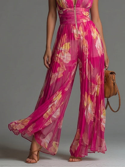 Fuchsia Floral Chiffon Jumpsuit with Sleeveless Design, Zipper Closure, Pleated Detail & Wide Legs