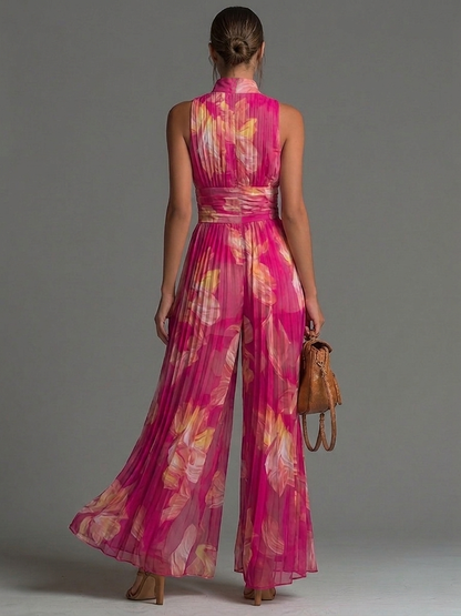 Fuchsia Floral Chiffon Jumpsuit with Sleeveless Design, Zipper Closure, Pleated Detail & Wide Legs