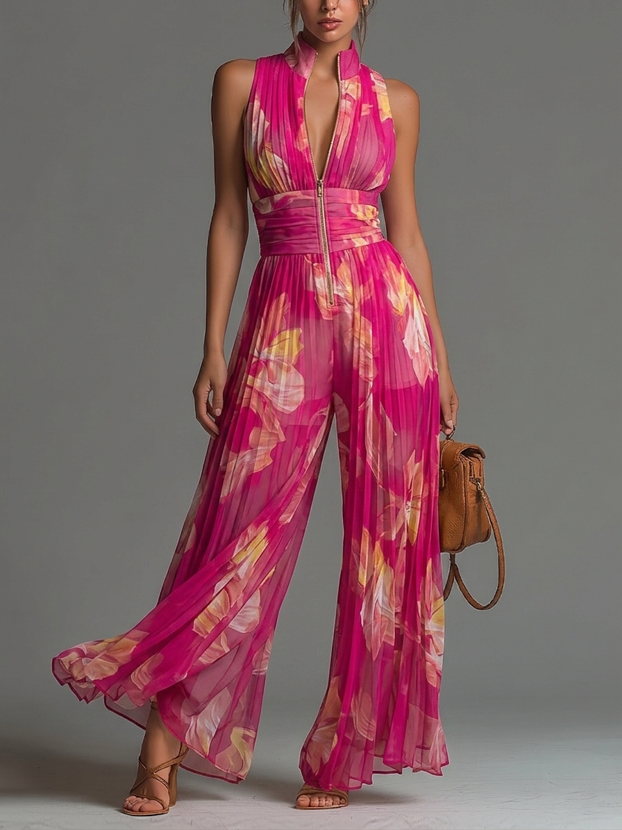 Fuchsia Floral Chiffon Jumpsuit with Sleeveless Design, Zipper Closure, Pleated Detail & Wide Legs