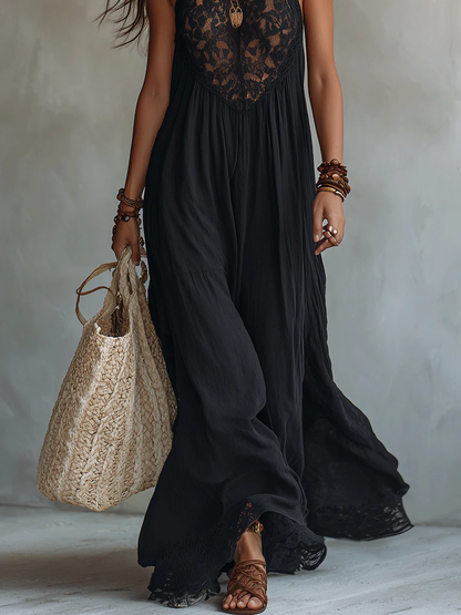 Bohemian Black Sleeveless Maxi Dress with Elegant Lace Trim