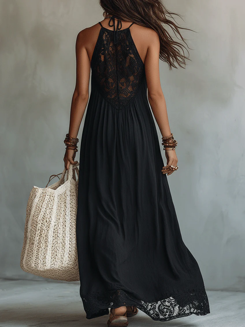 Bohemian Black Sleeveless Maxi Dress with Elegant Lace Trim