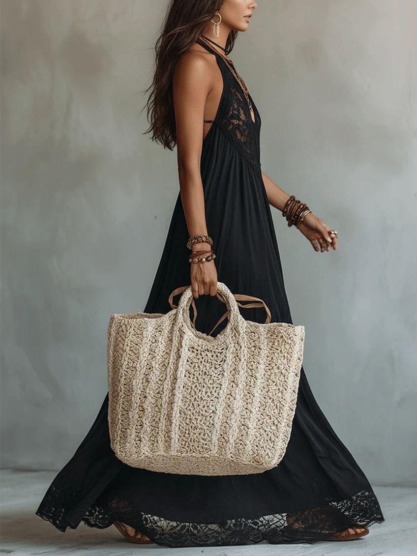 Bohemian Black Sleeveless Maxi Dress with Elegant Lace Trim
