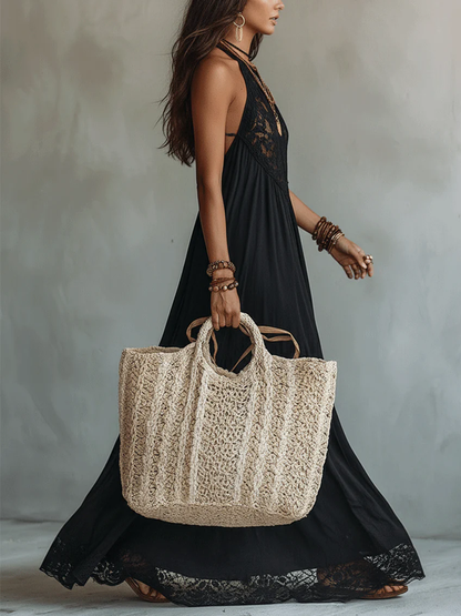Bohemian Black Sleeveless Maxi Dress with Elegant Lace Trim
