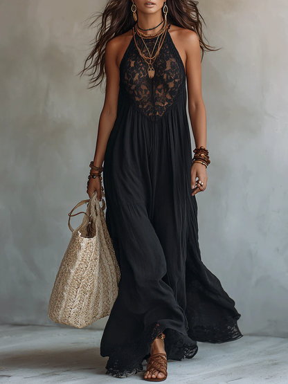 Bohemian Black Sleeveless Maxi Dress with Elegant Lace Trim