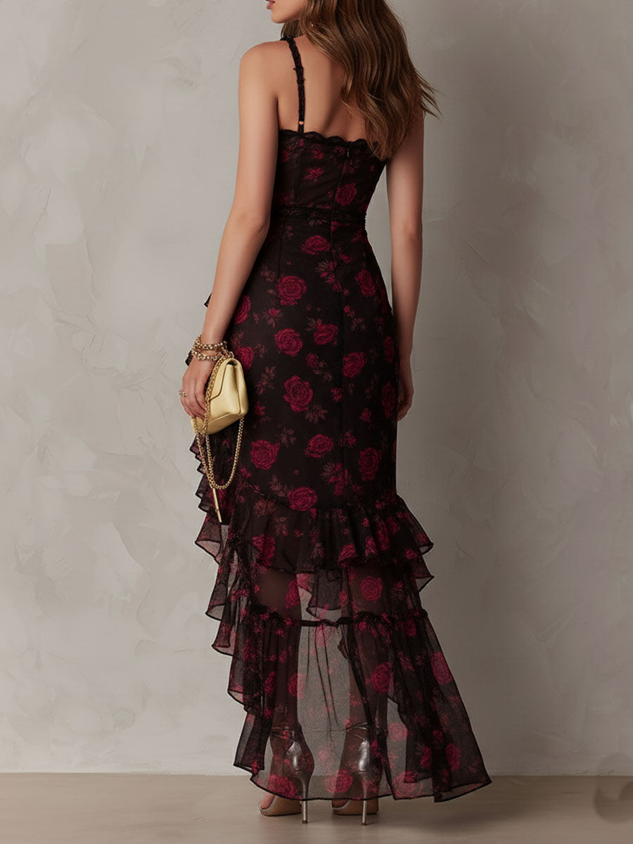 Chic Black & Red Floral Ruched Dress with Ruffle Hem