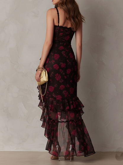 Chic Black & Red Floral Ruched Dress with Ruffle Hem