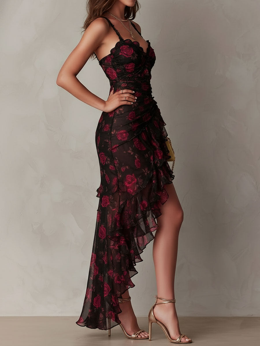 Chic Black & Red Floral Ruched Dress with Ruffle Hem