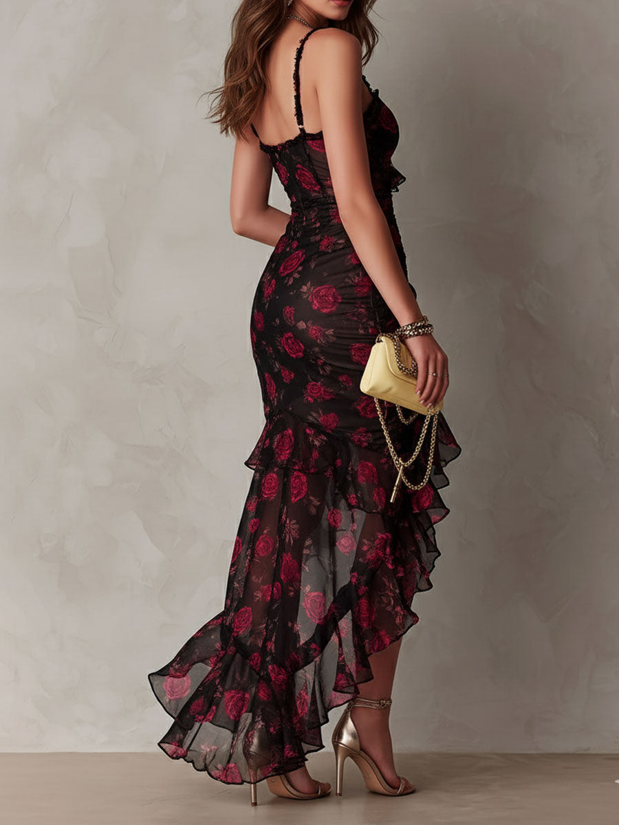 Chic Black & Red Floral Ruched Dress with Ruffle Hem