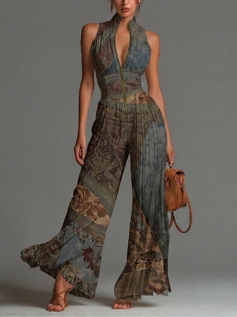 Bohemian Ethnic-Print Sleeveless Zipper Jumpsuit with Pleated Wide-Leg Chiffon