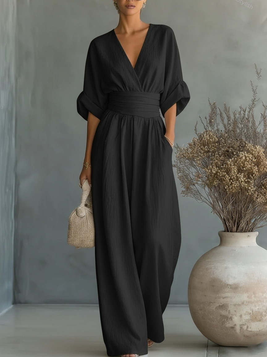 Chic V-Neck, High-Waisted Jumpsuit – Size S1