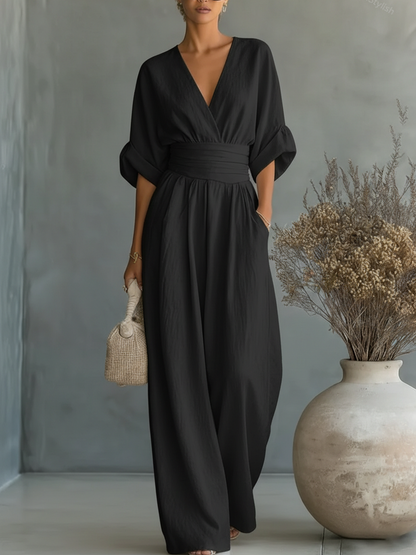 Chic V-Neck, High-Waisted Jumpsuit – Size S1