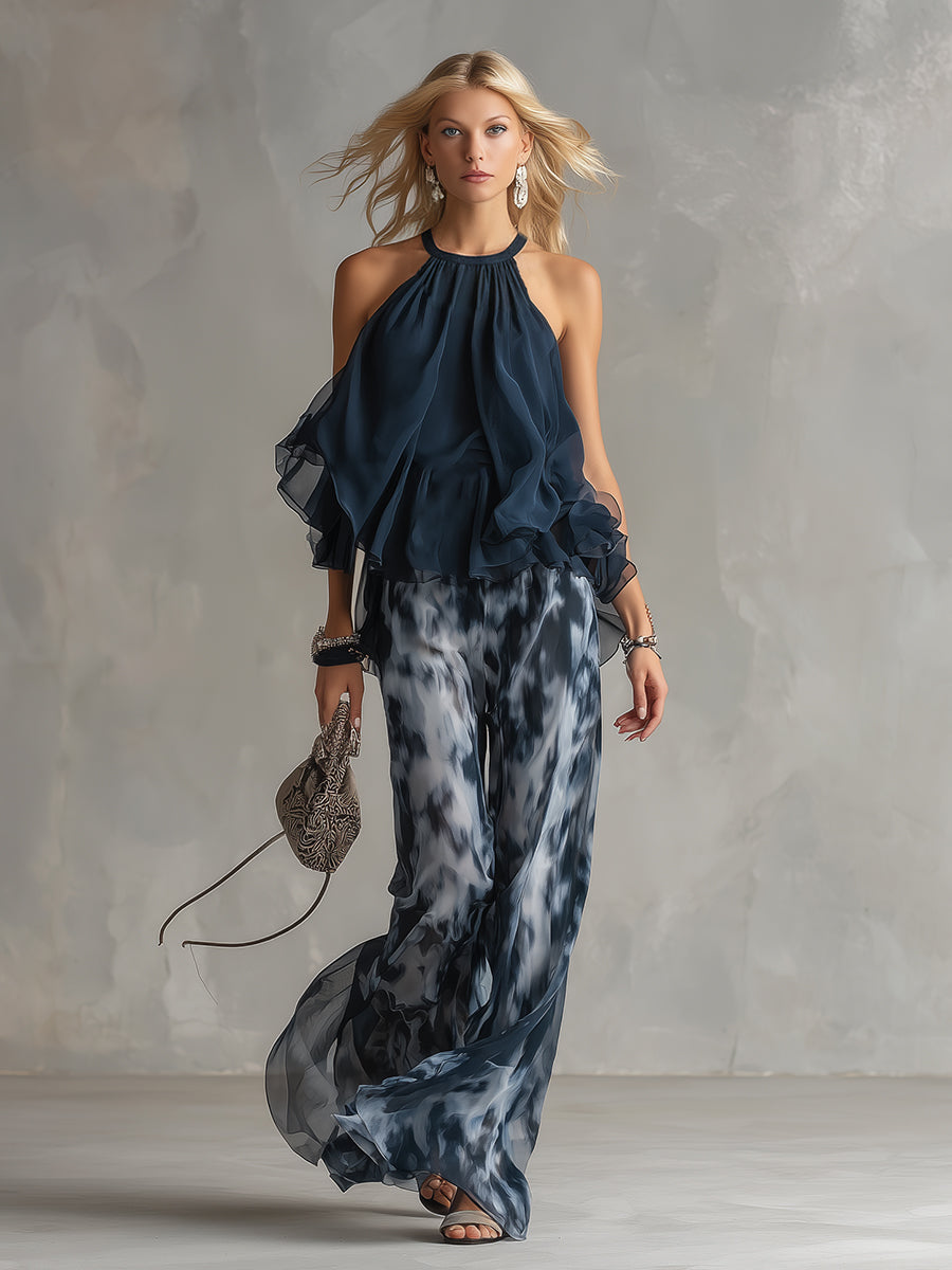 Ludovica | Navy Halter Top & Printed Wide-Leg Set — Sleek, Effortless Style