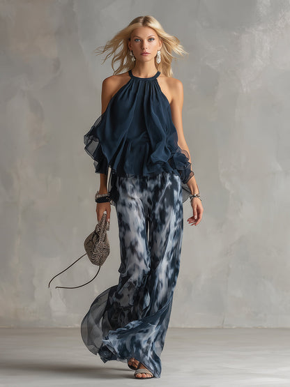 Ludovica | Navy Halter Top & Printed Wide-Leg Set — Sleek, Effortless Style