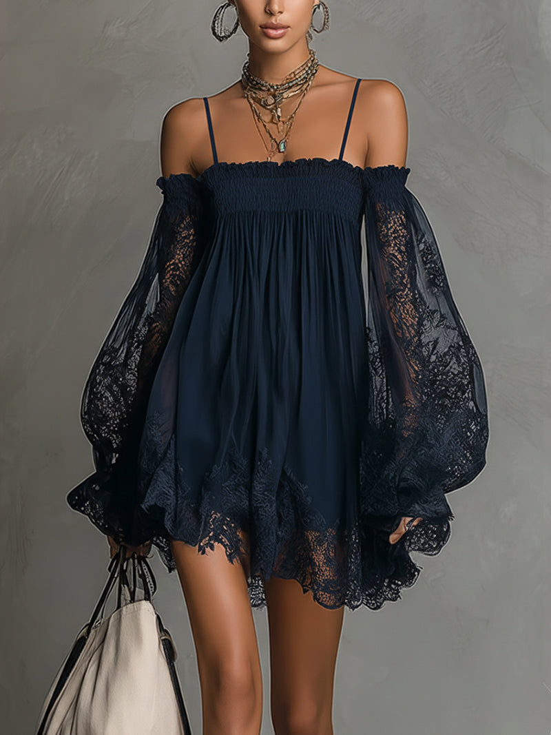 Noemi | Navy Chiffon Mini Dress with Off-the-Shoulder Neckline, Delicate Lace Trim, and Sheer Sleeves