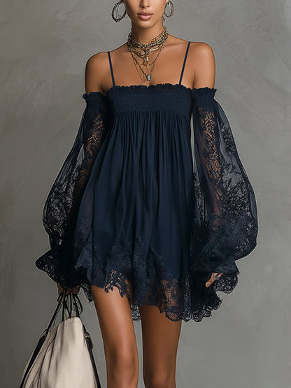 Noemi | Navy Chiffon Mini Dress with Off-the-Shoulder Neckline, Delicate Lace Trim, and Sheer Sleeves