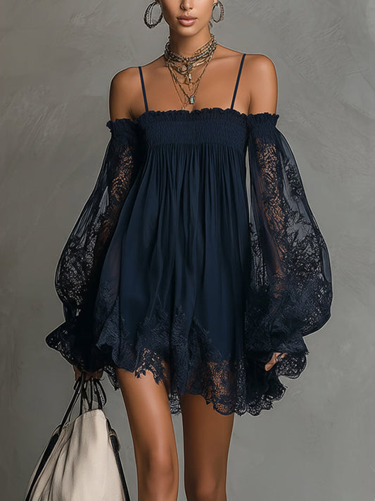 Noemi | Navy Chiffon Mini Dress with Off-the-Shoulder Neckline, Delicate Lace Trim, and Sheer Sleeves