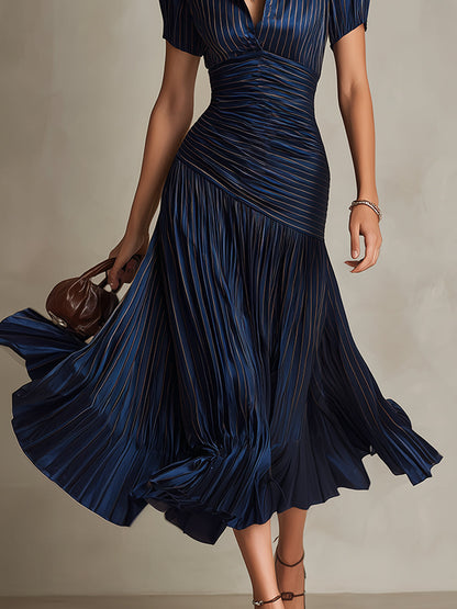 Adriana - Glamorous Retro-Striped Satin Midi Dress