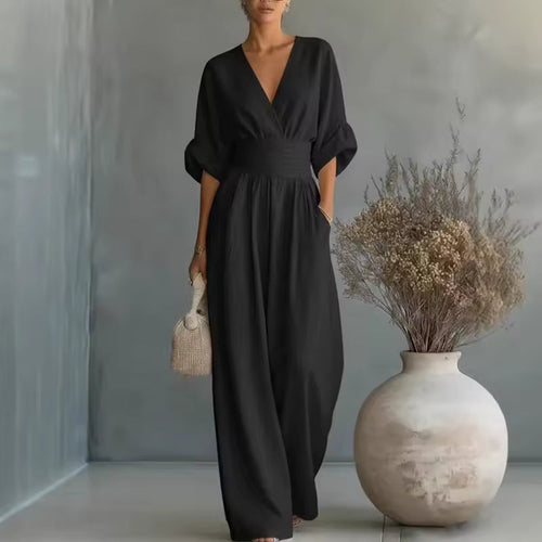 Georgina: Sophisticated Deep V-Neck Wide-Leg Jumpsuit