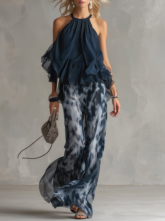 Ludovica | Navy Halter Top & Printed Wide-Leg Set — Sleek, Effortless Style