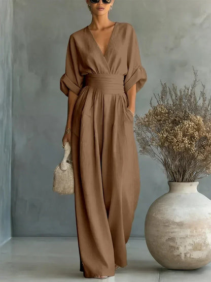 Chic V-Neck, High-Waisted Jumpsuit – Size S1