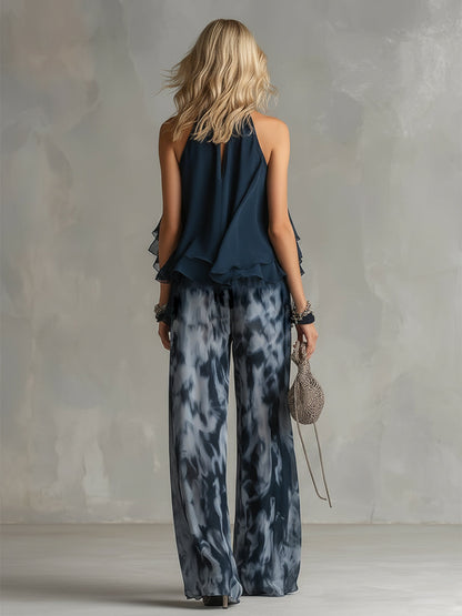 Ludovica | Navy Halter Top & Printed Wide-Leg Set — Sleek, Effortless Style