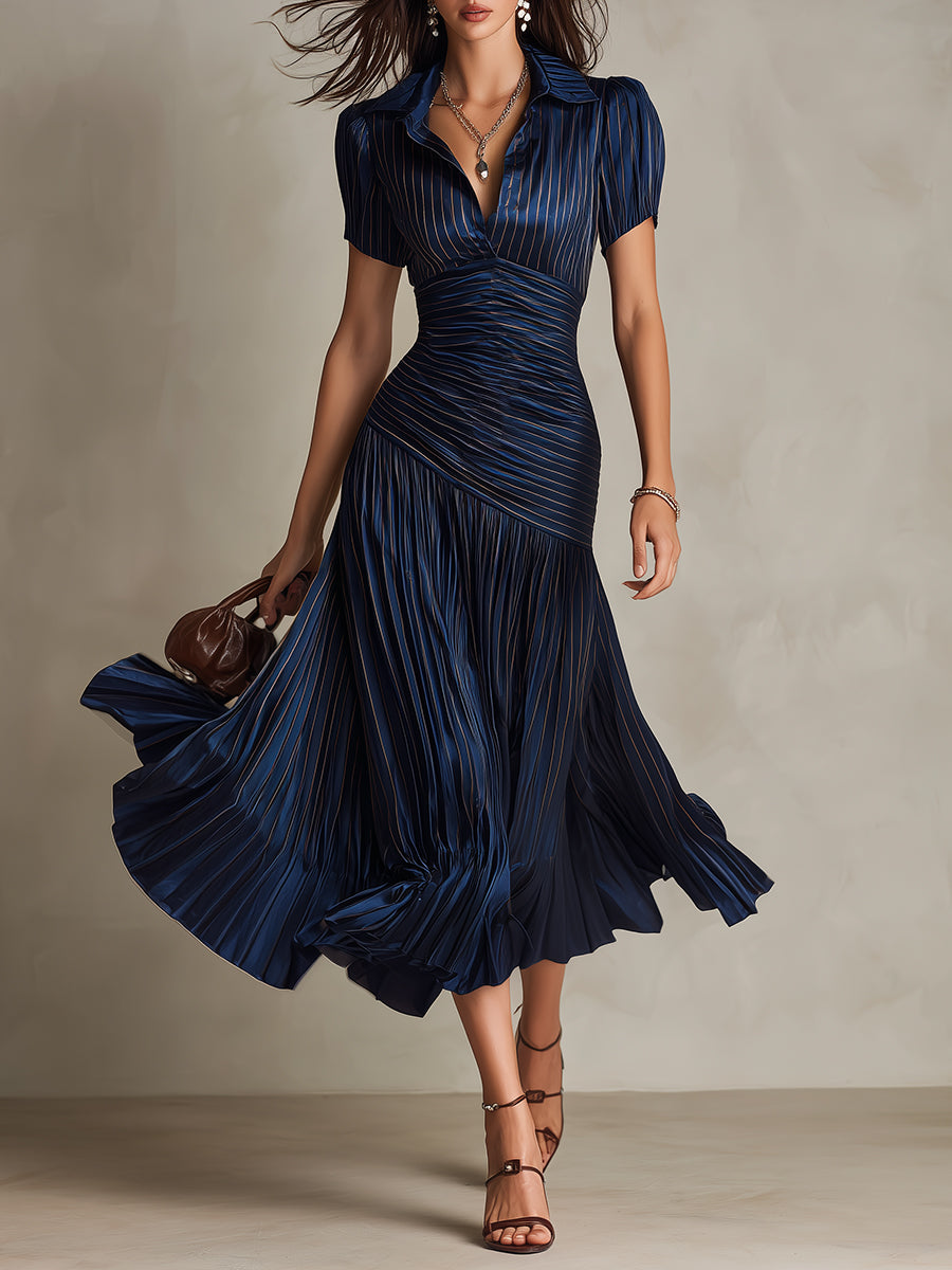 Adriana - Glamorous Retro-Striped Satin Midi Dress