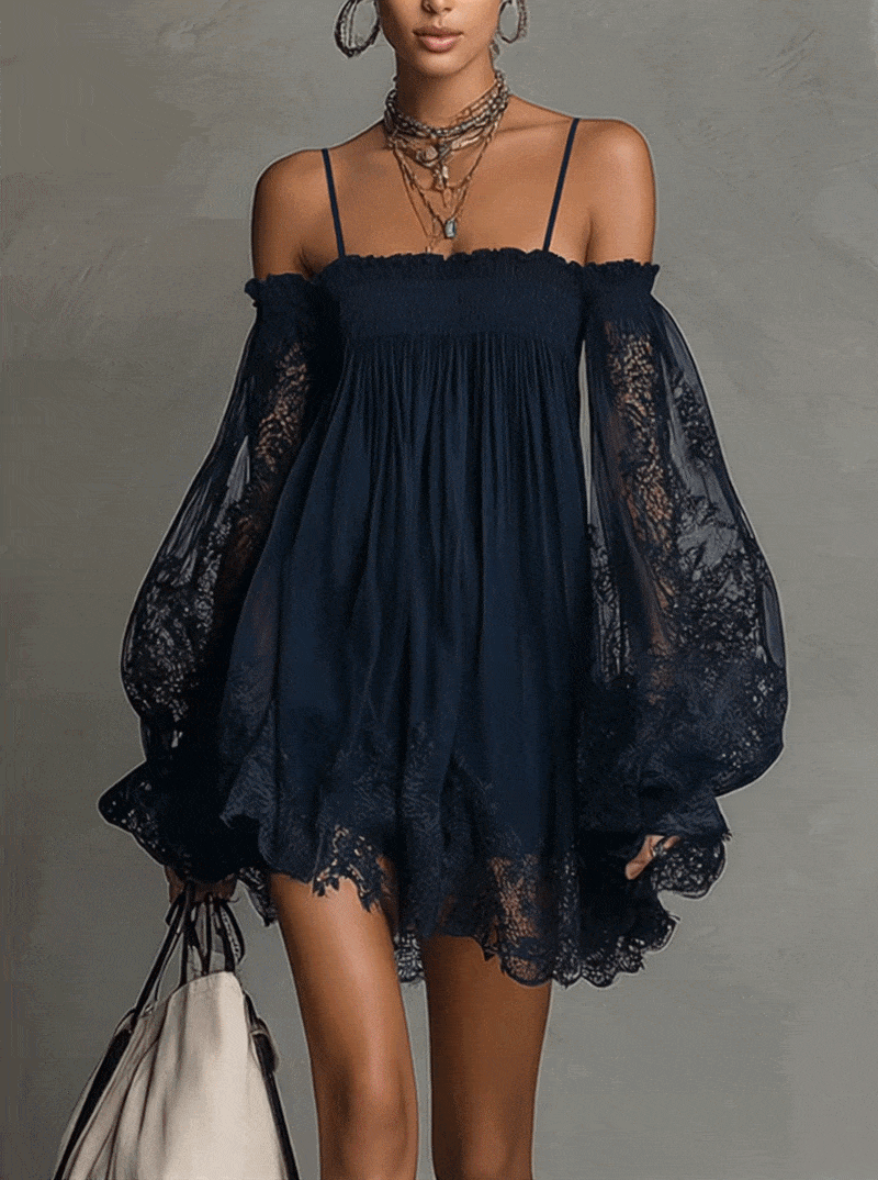 Noemi | Navy Chiffon Mini Dress with Off-the-Shoulder Neckline, Delicate Lace Trim, and Sheer Sleeves
