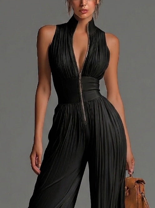 Elegant Black V-Neck Sleeveless Zip-Up Pleated Wide-Leg Chiffon Jumpsuit