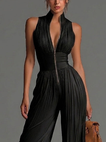 Elegant Black V-Neck Sleeveless Zip-Up Pleated Wide-Leg Chiffon Jumpsuit