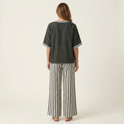 Juliana | V-Neck Varsity Top & Stripe Wide-Leg Set