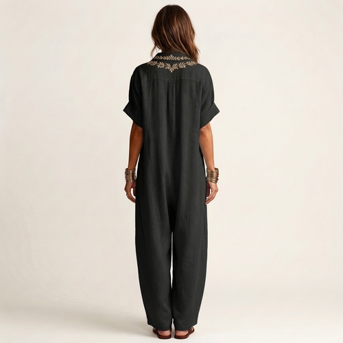 Amarina Embroidered Linen Maxi Dress with V-Neck Collar