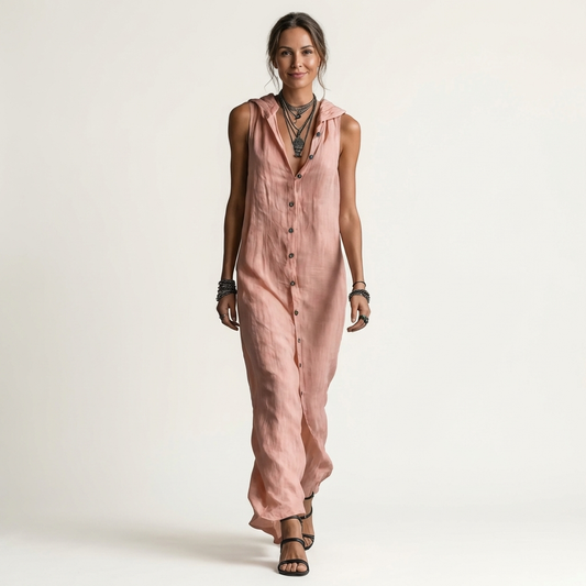 Mirabell | Hooded Button-Front Sleeveless Linen Maxi Dress