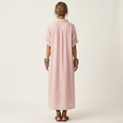 Kamira | Contrast-Collar Button-Front Short-Sleeve Maxi Shirt Dress