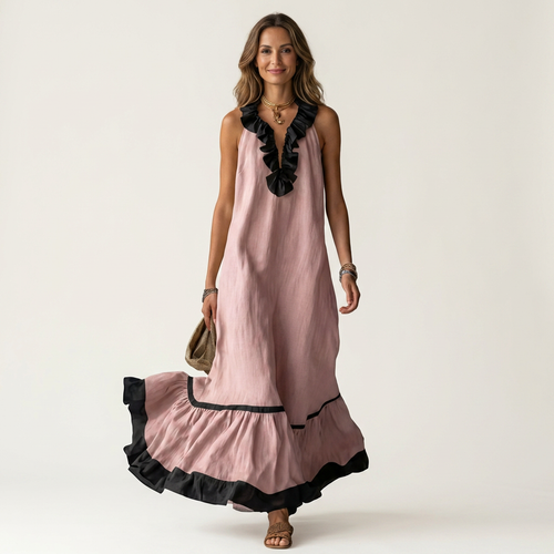 Mayline Sleeveless Maxi Dress with Ruffle-Neckline and Contrast Trim