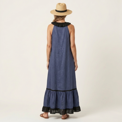 Mayline | Sleeveless Ruffle-Neck Contrast-Trim Maxi Dress
