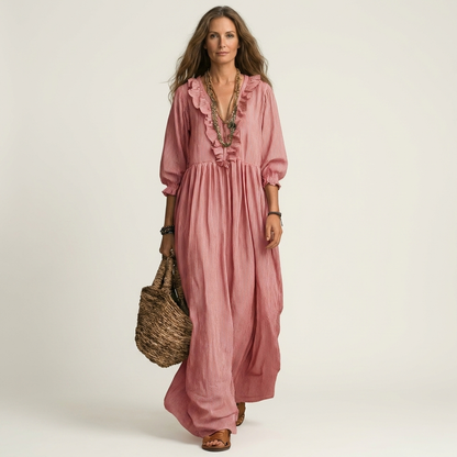 Yosetta | Ruffle V-Neck Striped Lantern-Sleeve Maxi Dress