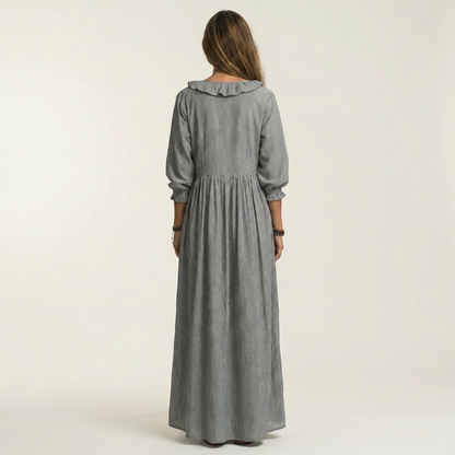 Yosetta | Ruffle V-Neck Striped Lantern-Sleeve Maxi Dress