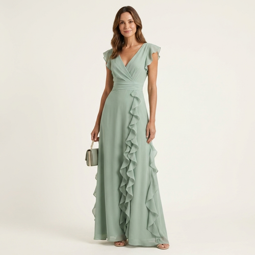 Nellyana Wrap-Style V-Neck Maxi Dress with Flutter Sleeves and Cascading Ruffles