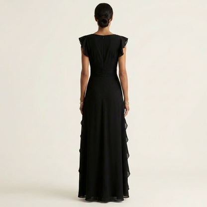 Nellyana | Wrap-Style V-Neck Flutter-Sleeve Cascading Ruffle Maxi Dress