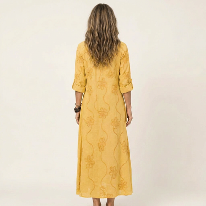 Mariam | Cotton-Linen Maxi Dress with Tonal Floral Embroidery