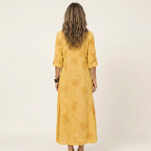 Mariam | Cotton-Linen Maxi Dress with Delicate Tonal Floral Embroidery