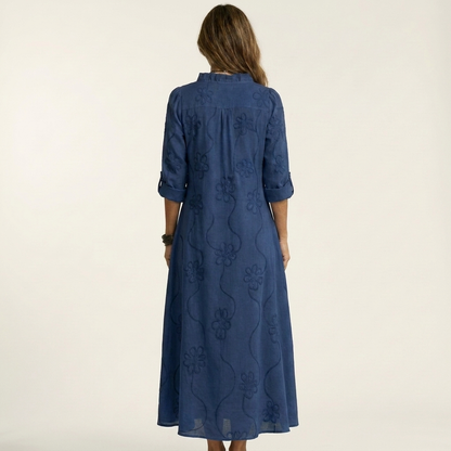Mariam | Cotton-Linen Maxi Dress with Tonal Floral Embroidery